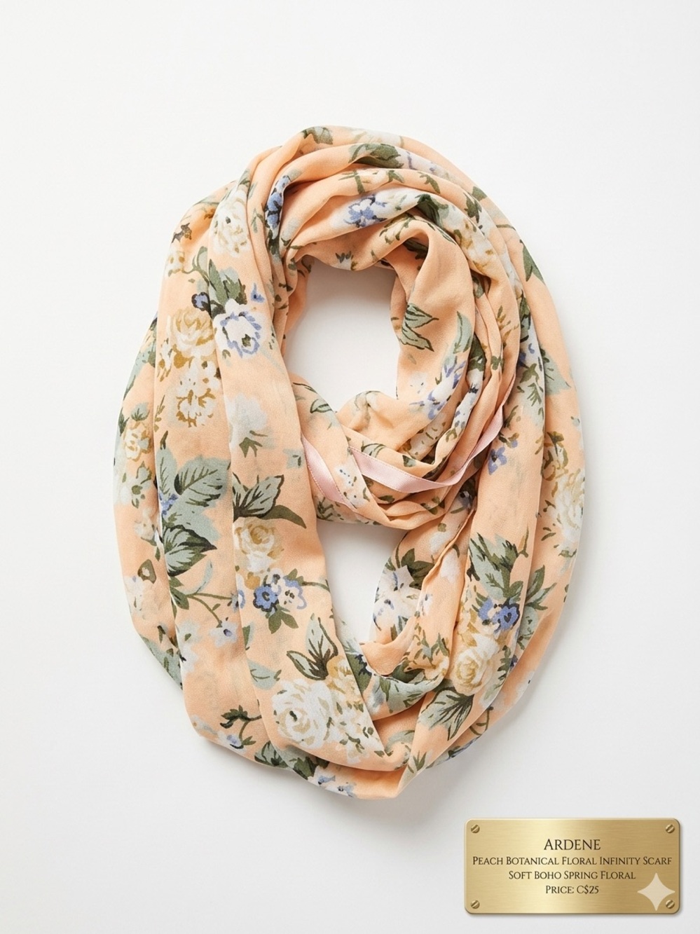 Ardene Peach Botanical Floral Infinity Scarf - Soft Boho Spring Floral